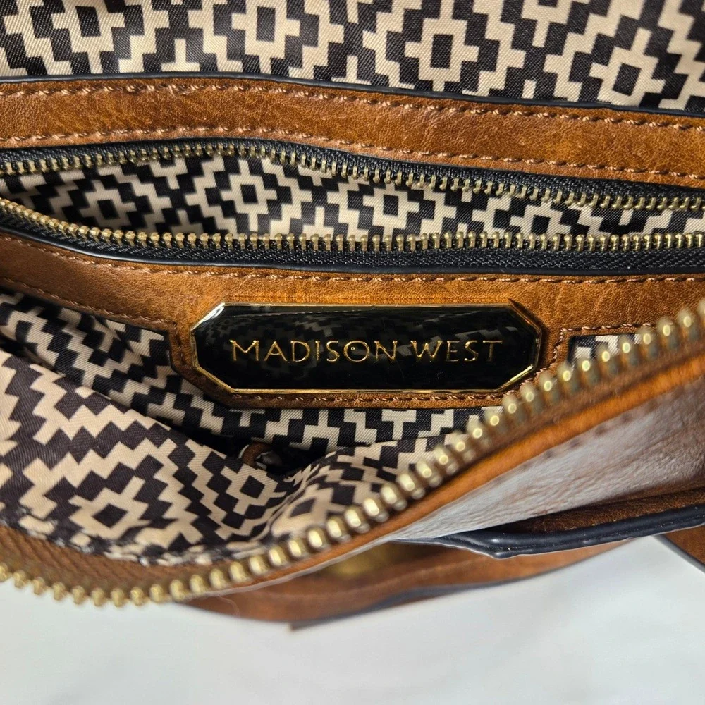 Brown Vegan Leather Whipstitch Boho Satchel Crossbody Bag with Geometric Lining